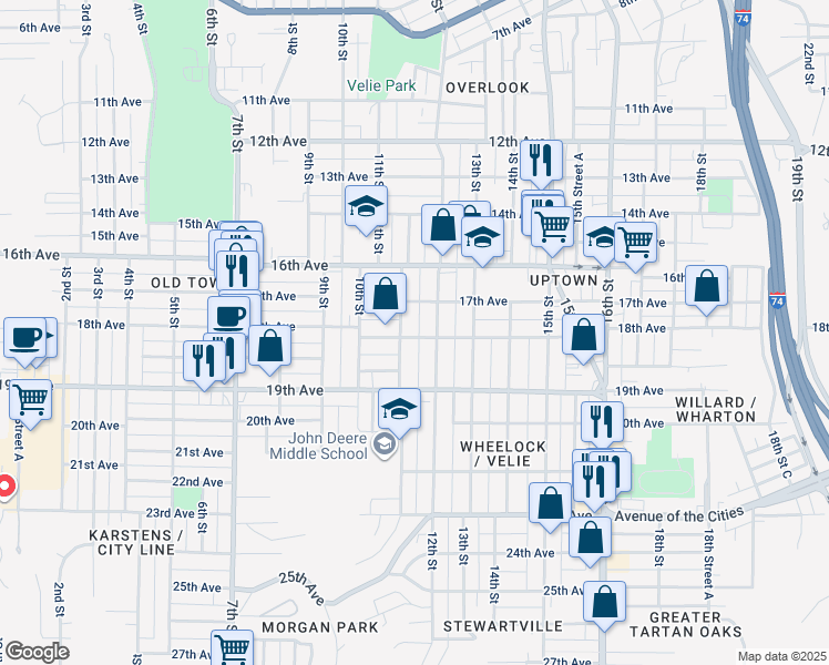 map of restaurants, bars, coffee shops, grocery stores, and more near 1120 18th Avenue in Moline