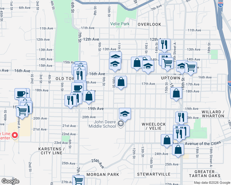 map of restaurants, bars, coffee shops, grocery stores, and more near 1817 10th Street in Moline