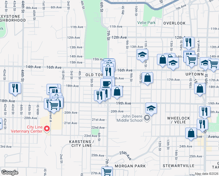 map of restaurants, bars, coffee shops, grocery stores, and more near 1819 7th Street in Moline