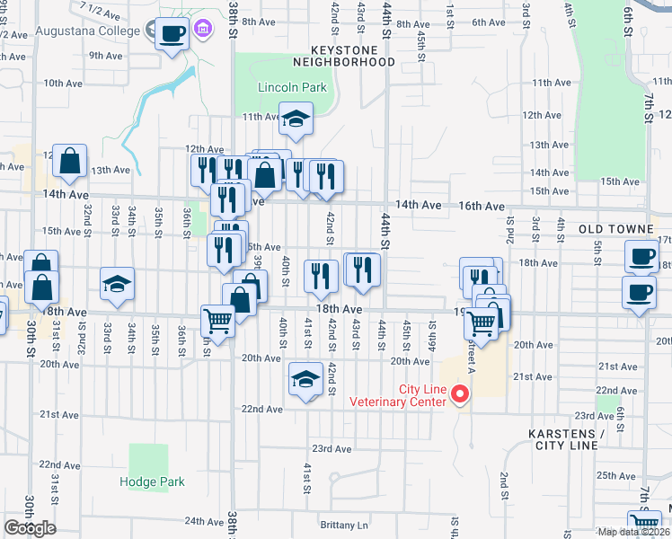map of restaurants, bars, coffee shops, grocery stores, and more near 1537 42nd Street in Rock Island