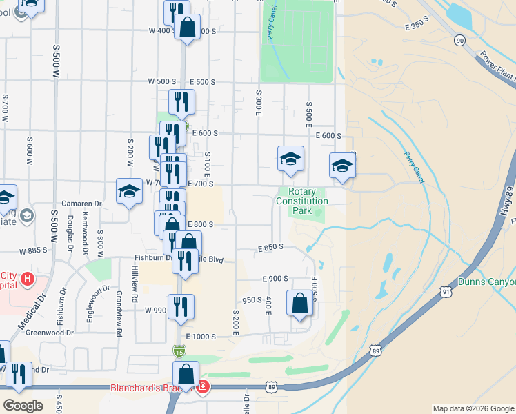 map of restaurants, bars, coffee shops, grocery stores, and more near 295 East 800 South in Brigham City