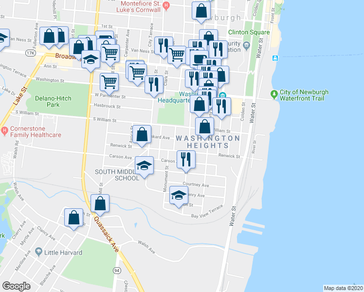 map of restaurants, bars, coffee shops, grocery stores, and more near 132 Renwick Street in Newburgh