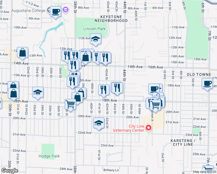map of restaurants, bars, coffee shops, grocery stores, and more near 1537 42nd Street in Rock Island