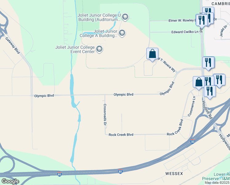 map of restaurants, bars, coffee shops, grocery stores, and more near 4101 Olympic Boulevard in Joliet