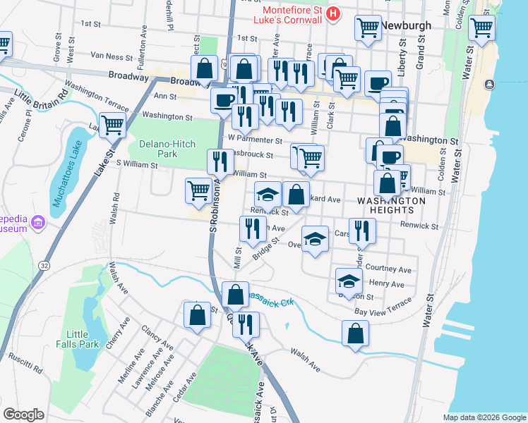 map of restaurants, bars, coffee shops, grocery stores, and more near 247 Renwick Street in Newburgh