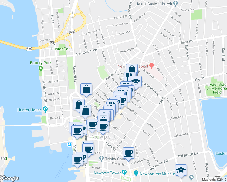 map of restaurants, bars, coffee shops, grocery stores, and more near 35 Kingston Avenue in Newport