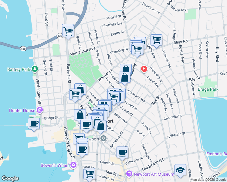 map of restaurants, bars, coffee shops, grocery stores, and more near 26 Pearl Street in Newport