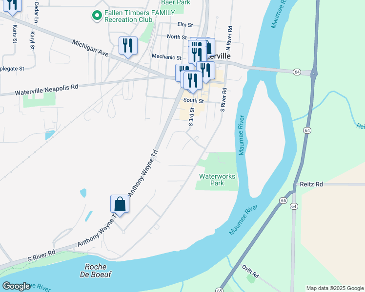 map of restaurants, bars, coffee shops, grocery stores, and more near 140 Concord Street in Waterville