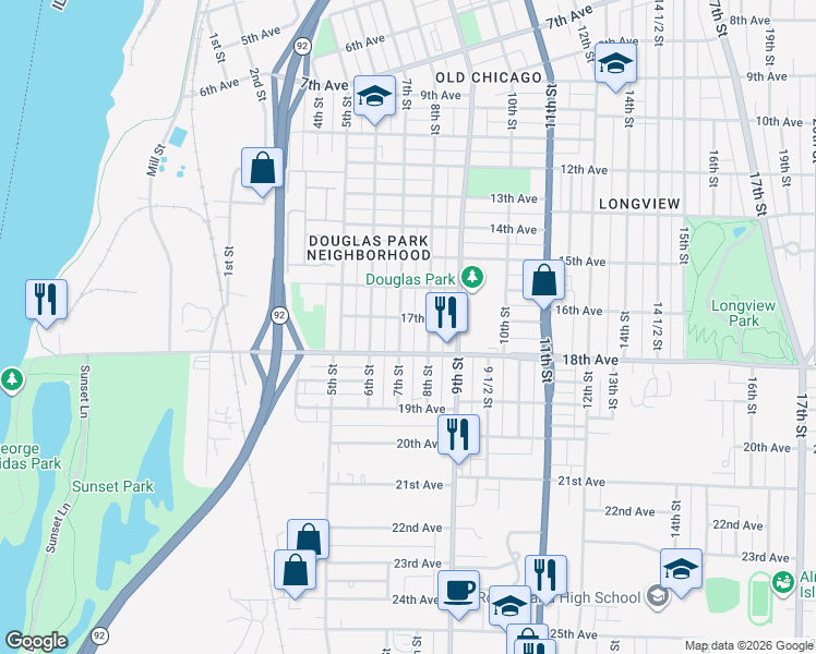 map of restaurants, bars, coffee shops, grocery stores, and more near 1721 7th Street in Rock Island