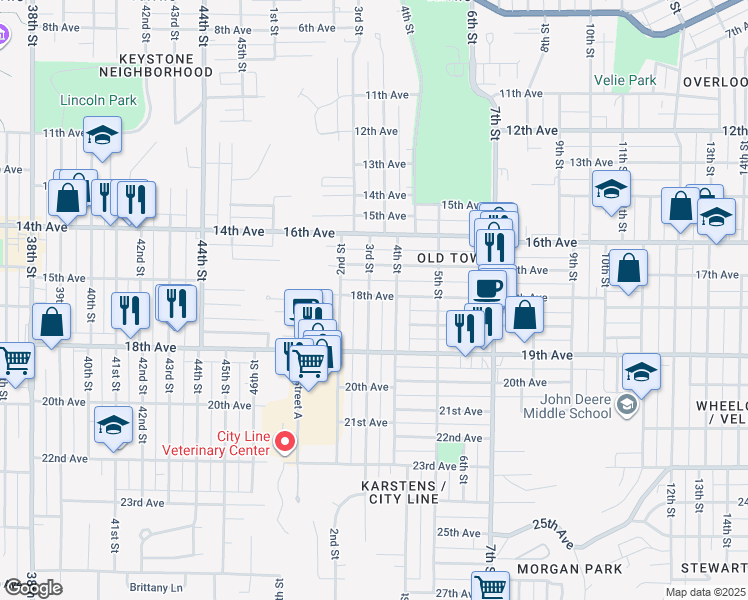 map of restaurants, bars, coffee shops, grocery stores, and more near 1802 3rd Street in Moline