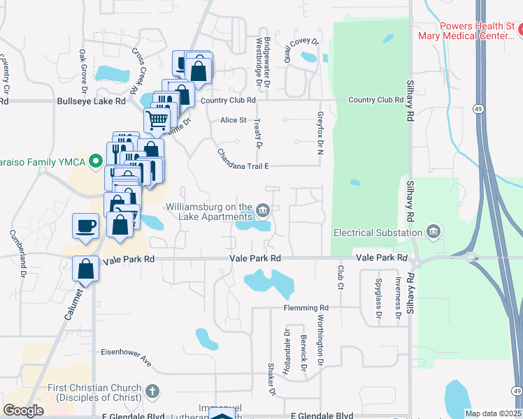 map of restaurants, bars, coffee shops, grocery stores, and more near 2909 Winchester Drive in Valparaiso