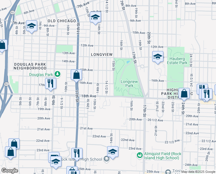 map of restaurants, bars, coffee shops, grocery stores, and more near 1611 14 1/2 Street in Rock Island