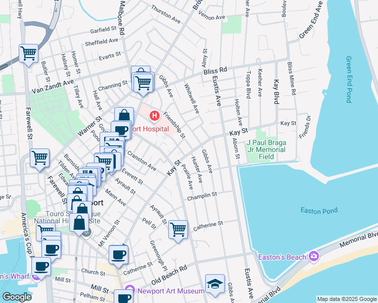 map of restaurants, bars, coffee shops, grocery stores, and more near 88 Kay Street in Newport