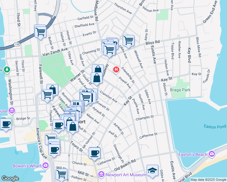 map of restaurants, bars, coffee shops, grocery stores, and more near 26 Cranston Avenue in Newport