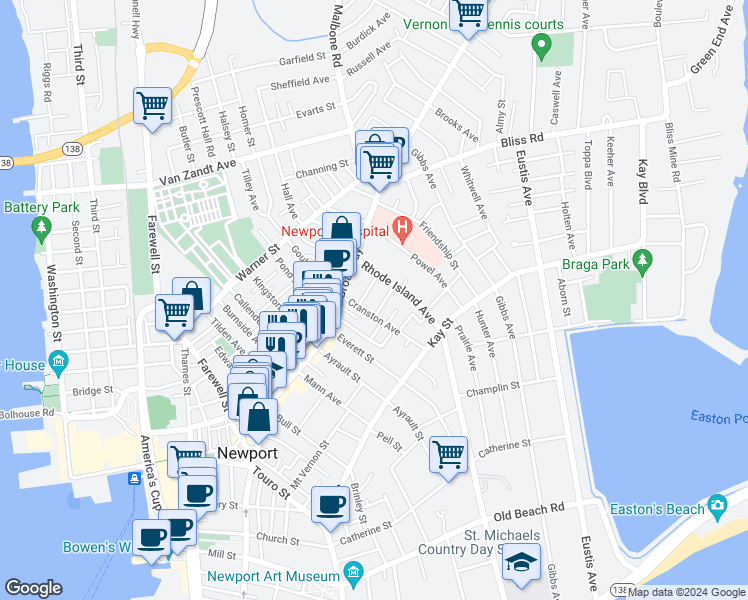 map of restaurants, bars, coffee shops, grocery stores, and more near 26 Cranston Avenue in Newport