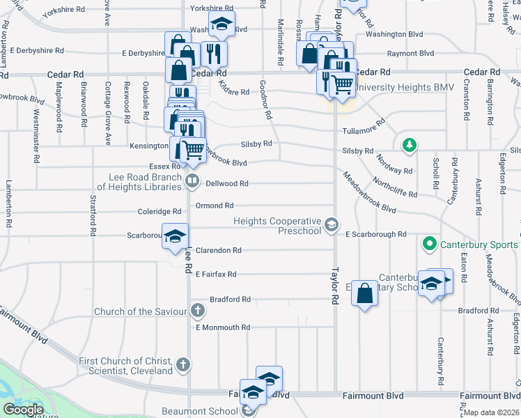 map of restaurants, bars, coffee shops, grocery stores, and more near 3313 East Scarborough Road in Cleveland Heights