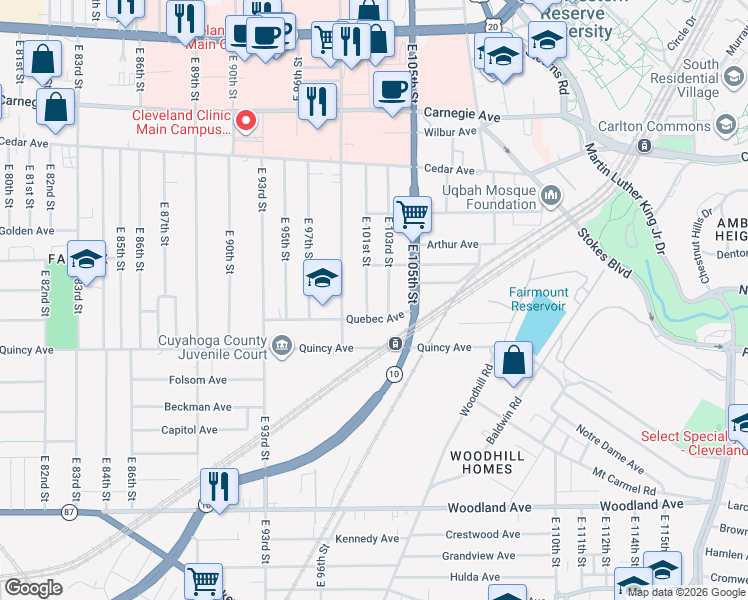map of restaurants, bars, coffee shops, grocery stores, and more near 2326 East 103rd Street in Cleveland