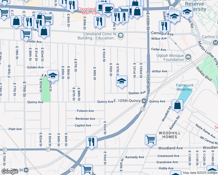 map of restaurants, bars, coffee shops, grocery stores, and more near 9315 Quebec Avenue in Cleveland