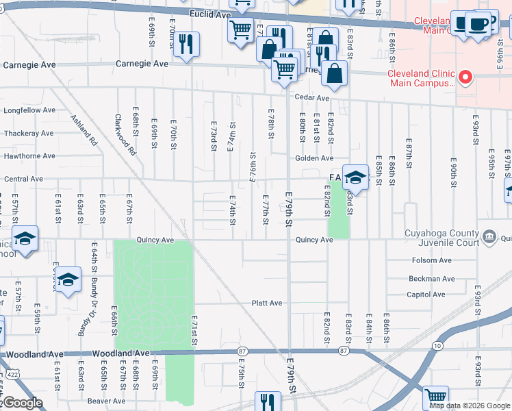 map of restaurants, bars, coffee shops, grocery stores, and more near 2354 East 76th Street in Cleveland