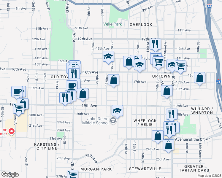 map of restaurants, bars, coffee shops, grocery stores, and more near 1024 18th Avenue in Moline