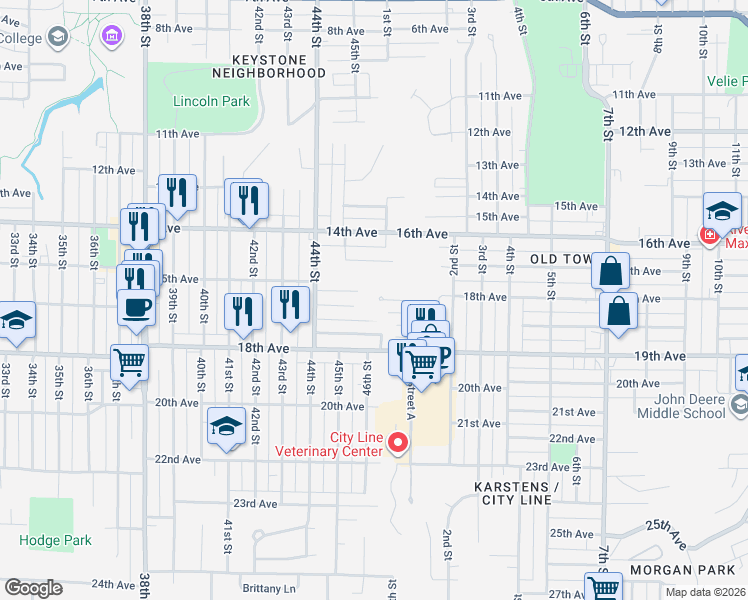map of restaurants, bars, coffee shops, grocery stores, and more near 4515 17th Avenue in Rock Island