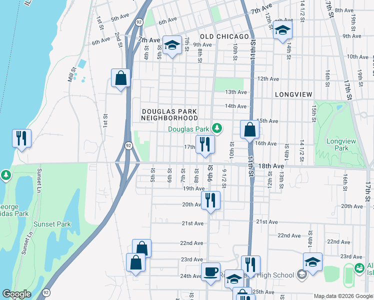 map of restaurants, bars, coffee shops, grocery stores, and more near 1721 7th Street in Rock Island