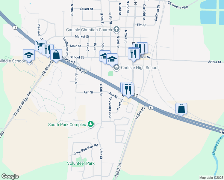 map of restaurants, bars, coffee shops, grocery stores, and more near 225 Ash Street in Carlisle
