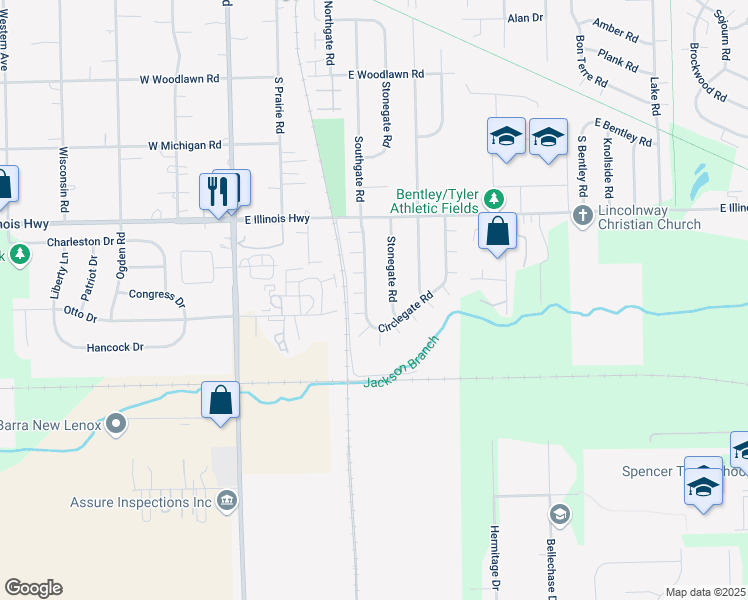 map of restaurants, bars, coffee shops, grocery stores, and more near 259 Circlegate Road in New Lenox