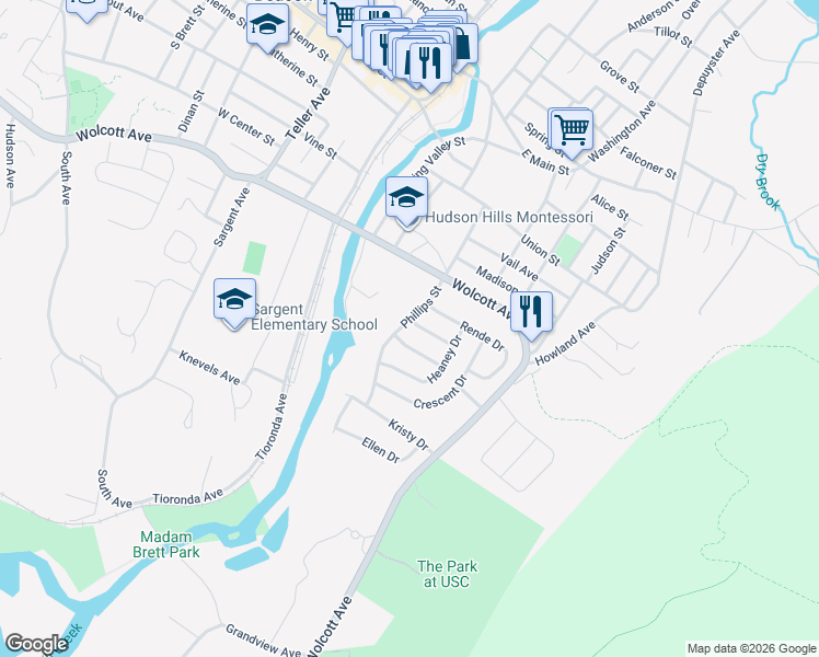 map of restaurants, bars, coffee shops, grocery stores, and more near 60 Phillips Street in Beacon