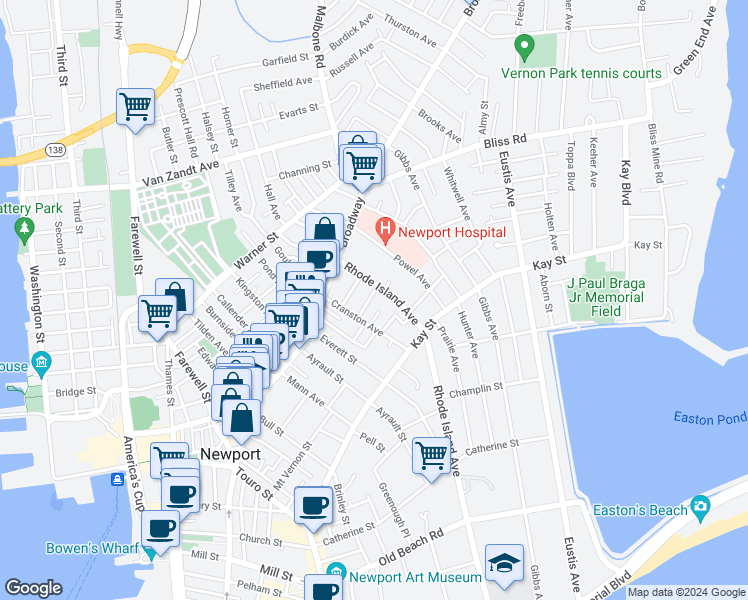 map of restaurants, bars, coffee shops, grocery stores, and more near 11 Lincoln Street in Newport