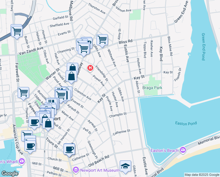 map of restaurants, bars, coffee shops, grocery stores, and more near 98 Kay Street in Newport