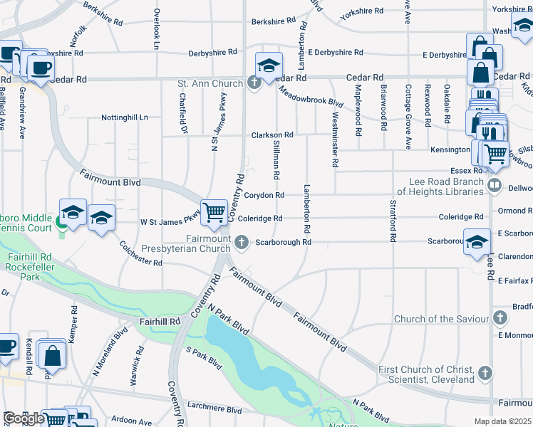 map of restaurants, bars, coffee shops, grocery stores, and more near 2821 Coleridge Road in Cleveland Heights