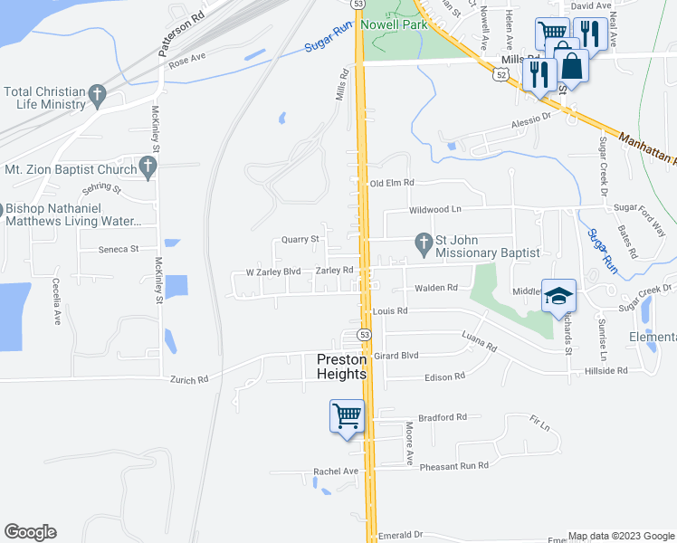 map of restaurants, bars, coffee shops, grocery stores, and more near 1600 Ottawa Street in Joliet