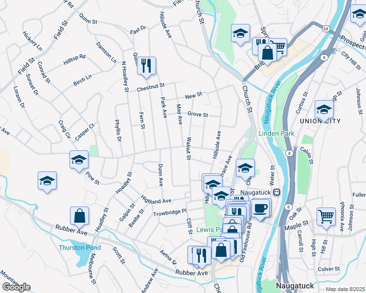 map of restaurants, bars, coffee shops, grocery stores, and more near 186 Millville Avenue in Naugatuck
