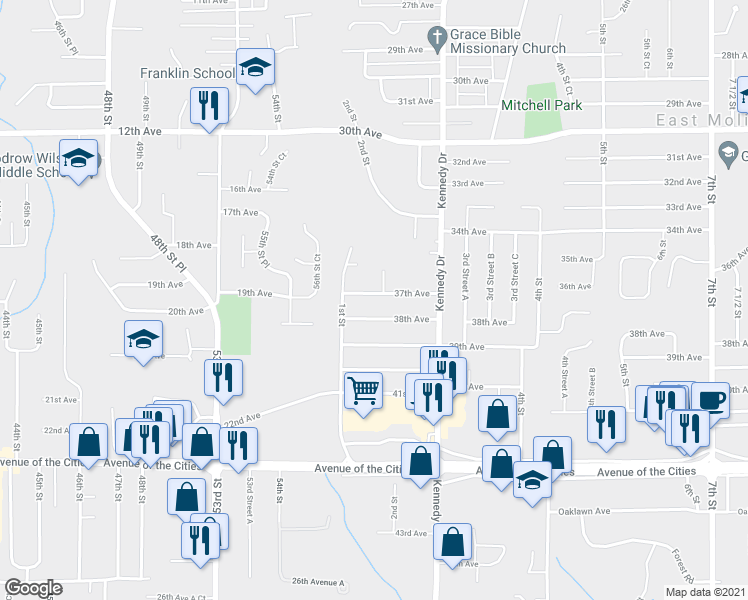map of restaurants, bars, coffee shops, grocery stores, and more near 192 37th Avenue in East Moline