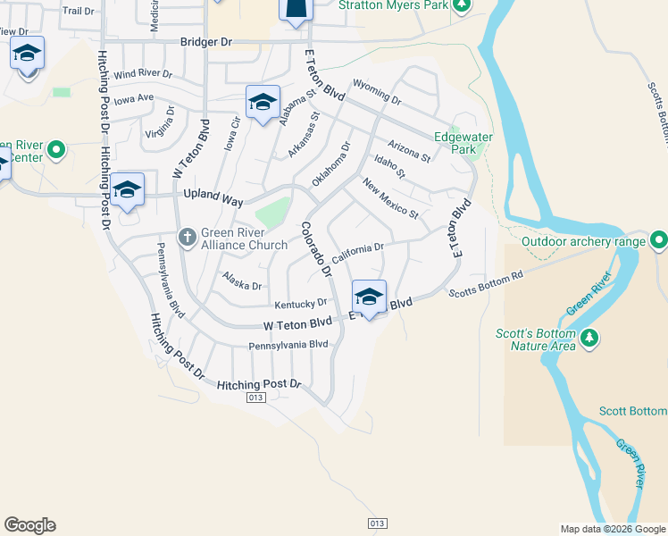 map of restaurants, bars, coffee shops, grocery stores, and more near 1410 California Way in Green River