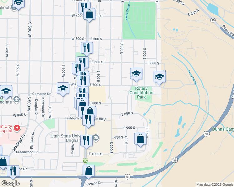 map of restaurants, bars, coffee shops, grocery stores, and more near 295 East 800 South in Brigham City