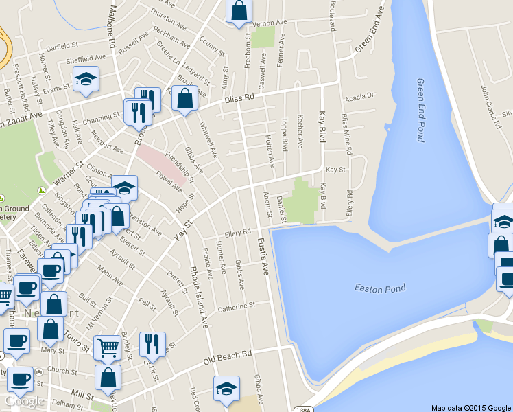 map of restaurants, bars, coffee shops, grocery stores, and more near 1 Aborn Street in Newport