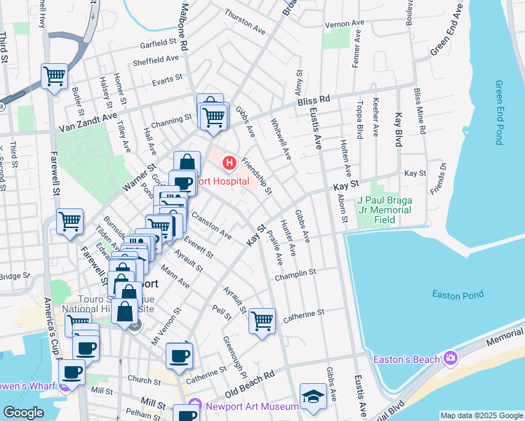 map of restaurants, bars, coffee shops, grocery stores, and more near 88 Kay Street in Newport