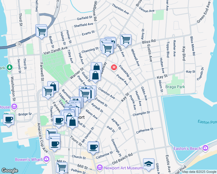 map of restaurants, bars, coffee shops, grocery stores, and more near 26 Cranston Avenue in Newport