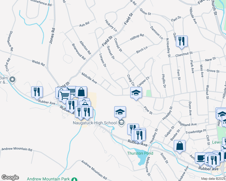 map of restaurants, bars, coffee shops, grocery stores, and more near 547 Millville Avenue in Naugatuck