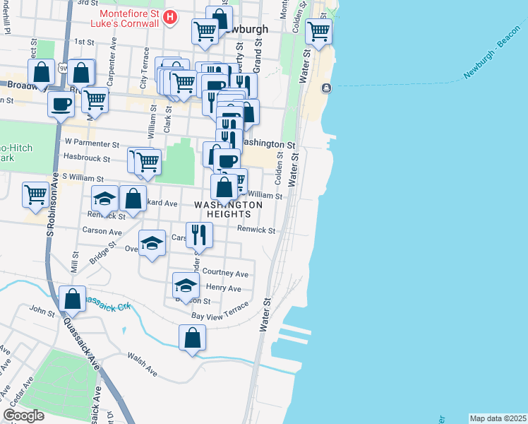 map of restaurants, bars, coffee shops, grocery stores, and more near 1 Colden Street in Newburgh