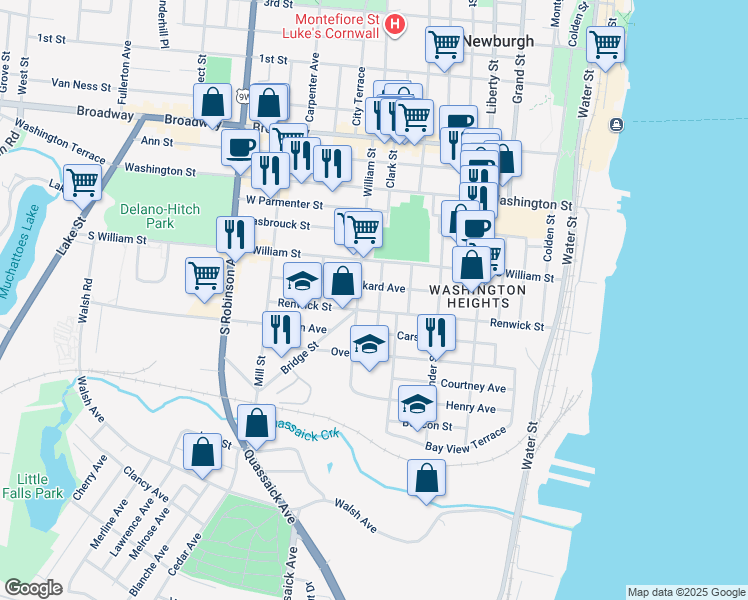 map of restaurants, bars, coffee shops, grocery stores, and more near 142 South Clark Street in Newburgh