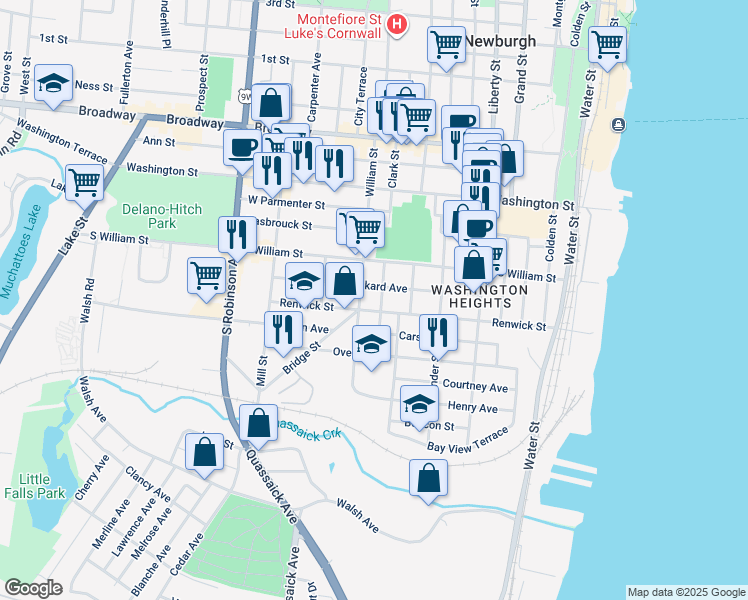 map of restaurants, bars, coffee shops, grocery stores, and more near 142 South Clark Street in Newburgh