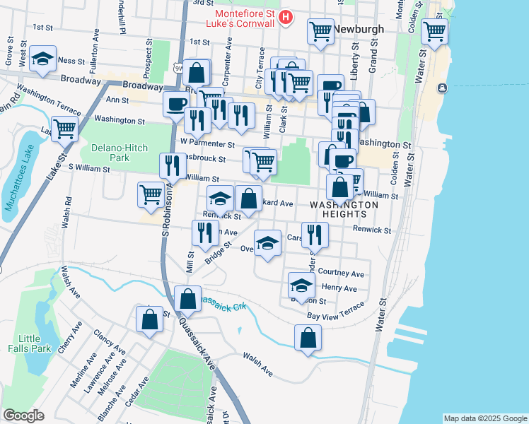 map of restaurants, bars, coffee shops, grocery stores, and more near 142 South Clark Street in Newburgh