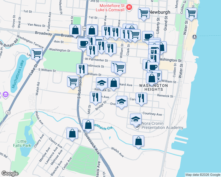 map of restaurants, bars, coffee shops, grocery stores, and more near 14 Bridge Street in Newburgh