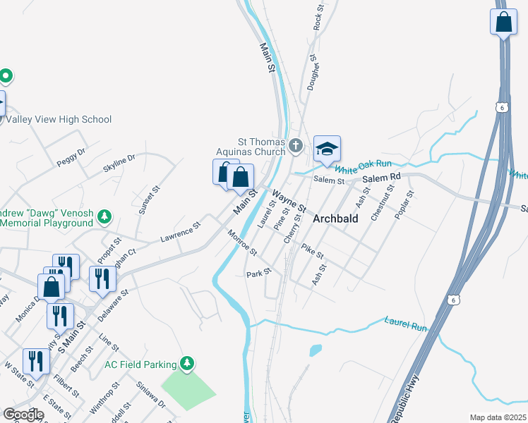 map of restaurants, bars, coffee shops, grocery stores, and more near 264 Laurel St in Archbald