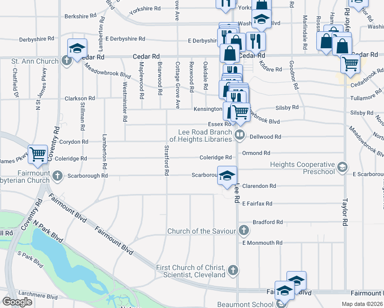 map of restaurants, bars, coffee shops, grocery stores, and more near 3100 Coleridge Road in Cleveland Heights