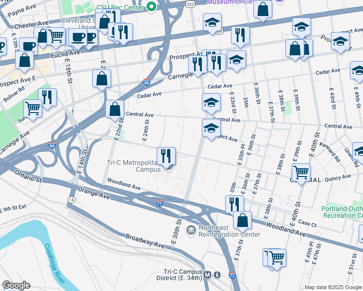 map of restaurants, bars, coffee shops, grocery stores, and more near 2715 Community College Avenue in Cleveland