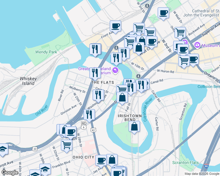 map of restaurants, bars, coffee shops, grocery stores, and more near 2019 Center Street in Cleveland
